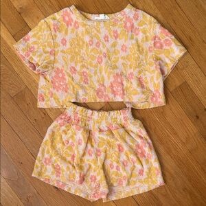 Girls Floral Terry Cloth Matching Set in Yellow & Pink